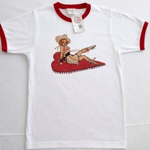White Ringer Novelty T-Shirt with Western Pin-Up Graphic